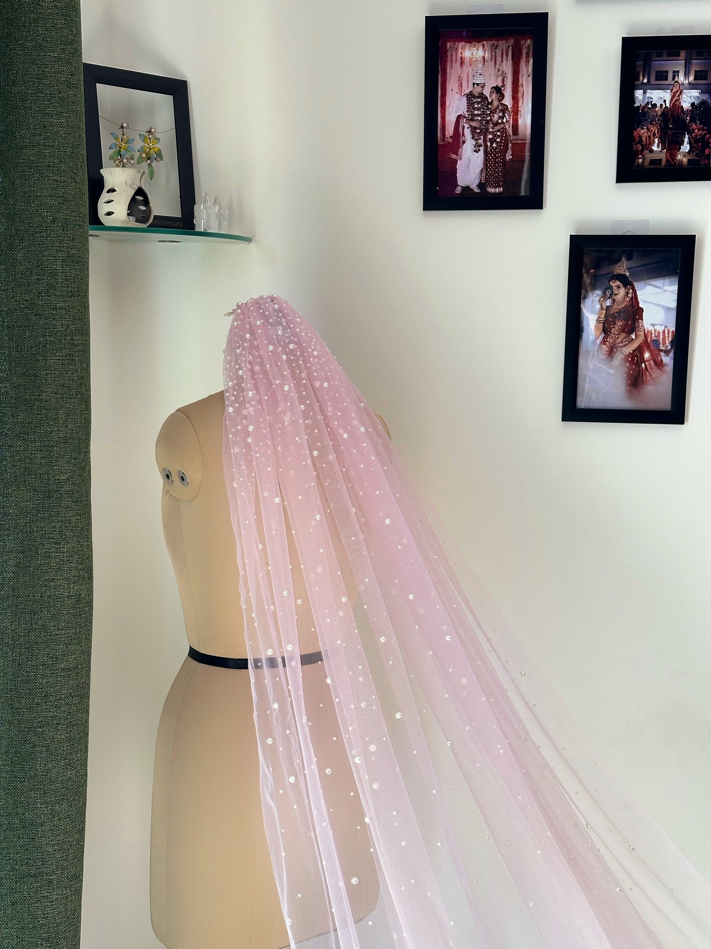 Pink Veil Adorned with Handcrafted Pearls & Crystals in an Ombre Pearl Effect