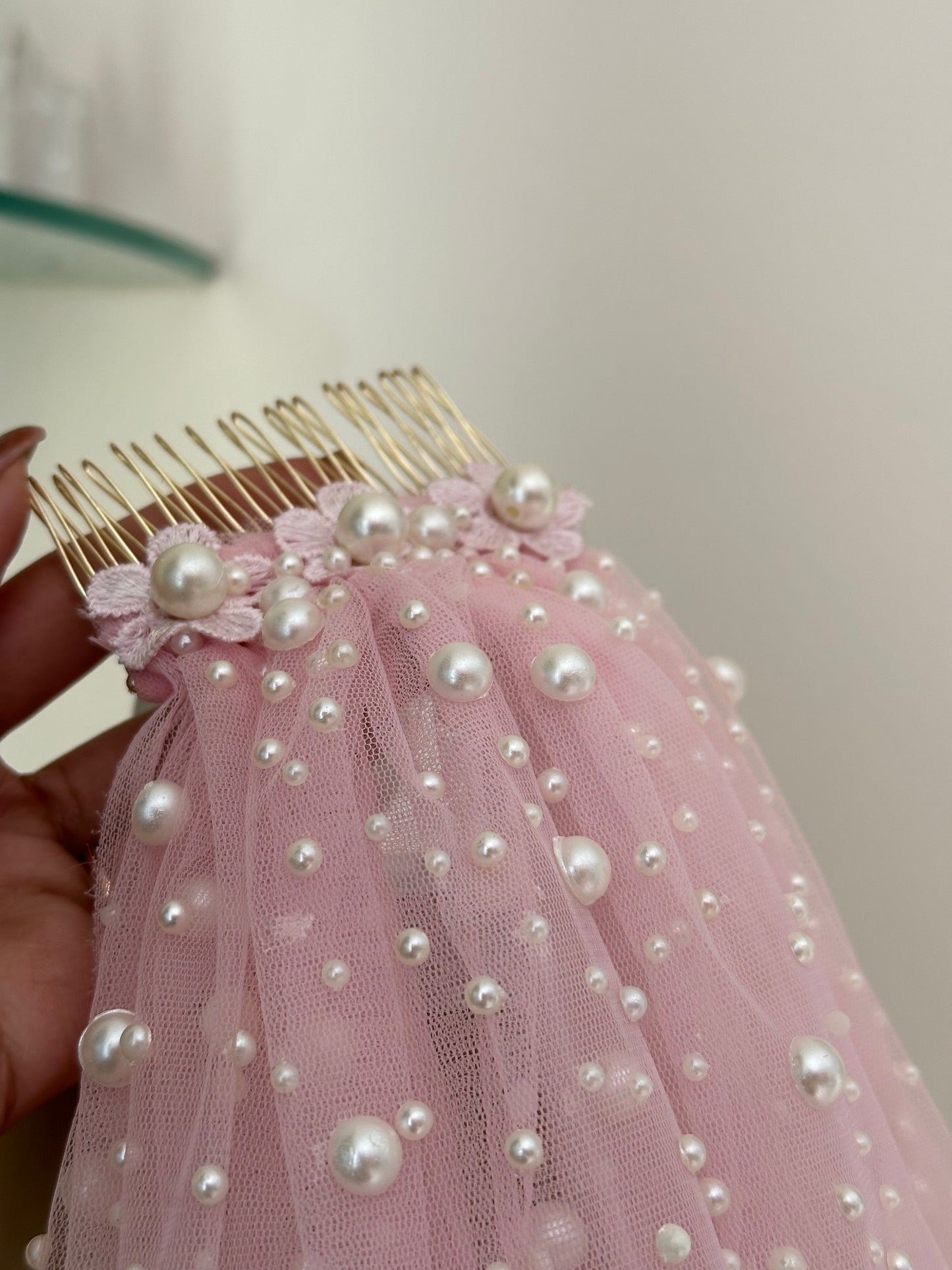 Pink Veil Adorned with Handcrafted Pearls & Crystals in an Ombre Pearl Effect