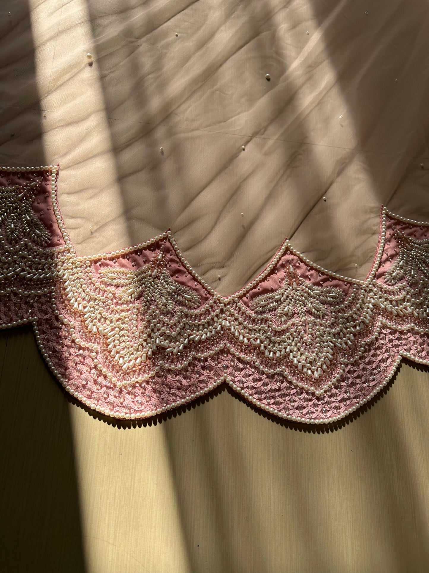 Pink Veil Adorned with Handcrafted Pearls & Crystals in an Ombre Pearl Effect