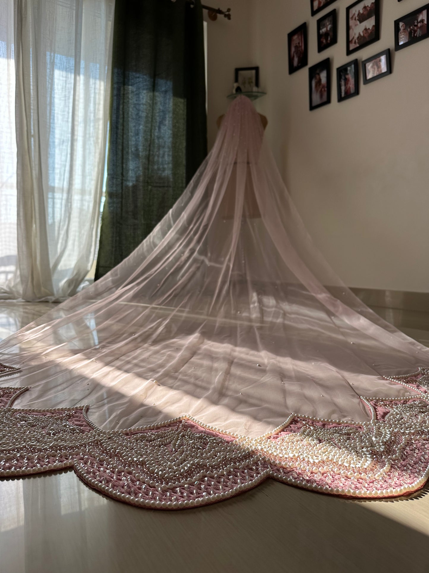 Pink Veil Adorned with Handcrafted Pearls & Crystals in an Ombre Pearl Effect